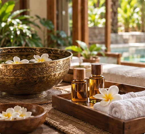 Aromatherapy oils, fresh flowers and towels ready for a villa massage