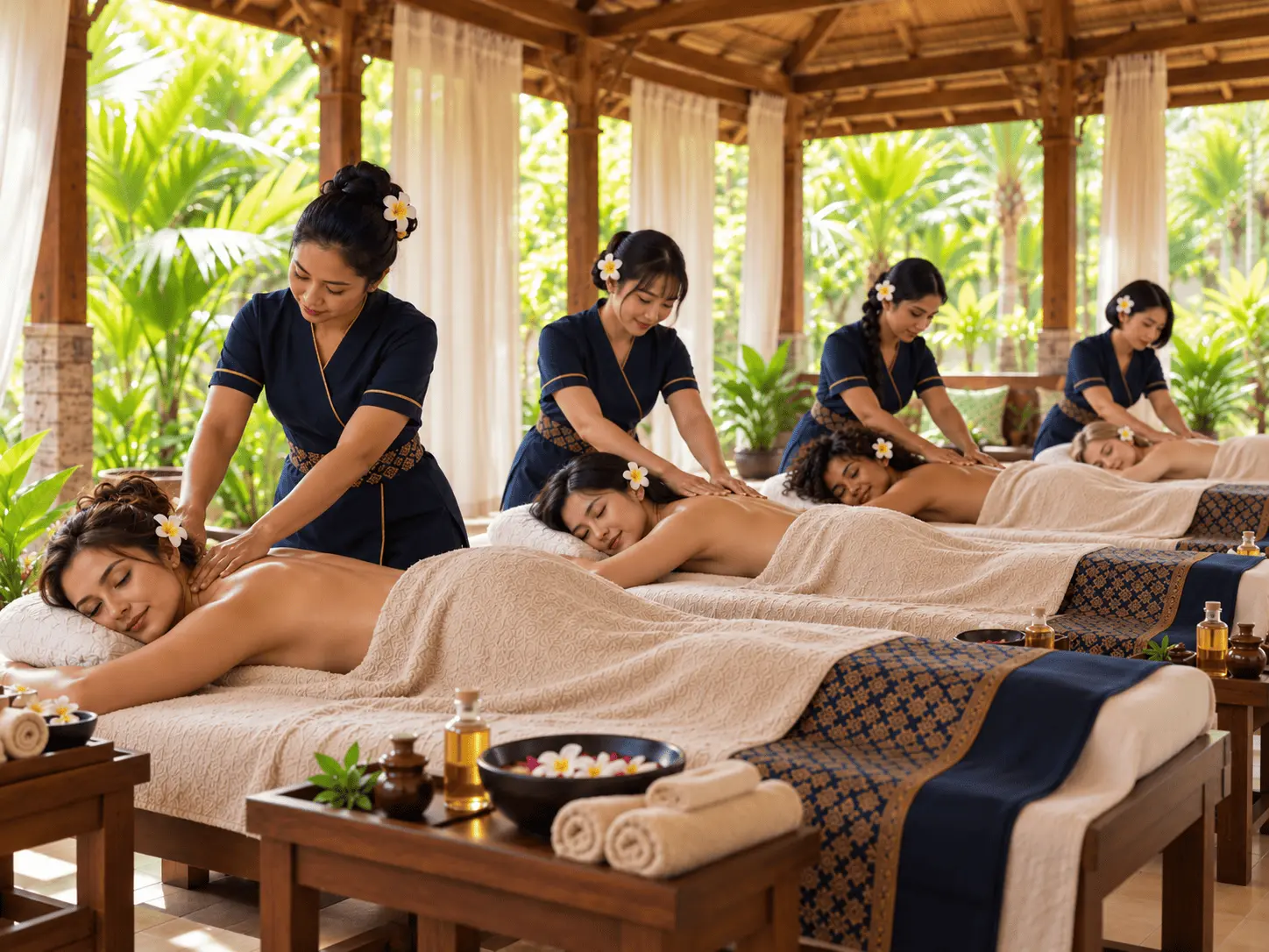 Four guests receiving massages together in an open-air Bali pavilion